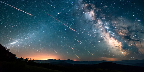 A meteor shower against the Milky Way. Numerous fiery streaks cross the sky over a mountainous landscape. Sunset colors the horizon in warm hues.