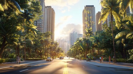 Fototapeta premium ultrarealistic modern tropical city down-the-driveway-view with tall buildings on each side of the road, on the left side all buildings stand on a podium with trees and people