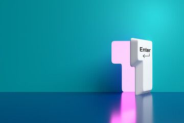 Giant Enter key opening a glowing pink portal on turquoise background