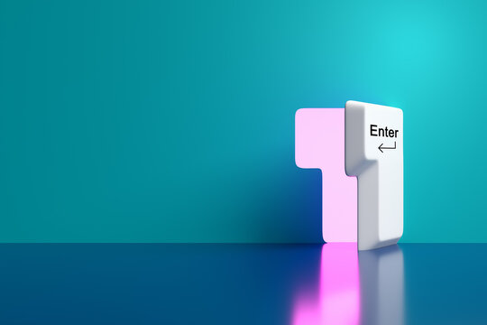 Giant Enter key opening a glowing pink portal on turquoise background