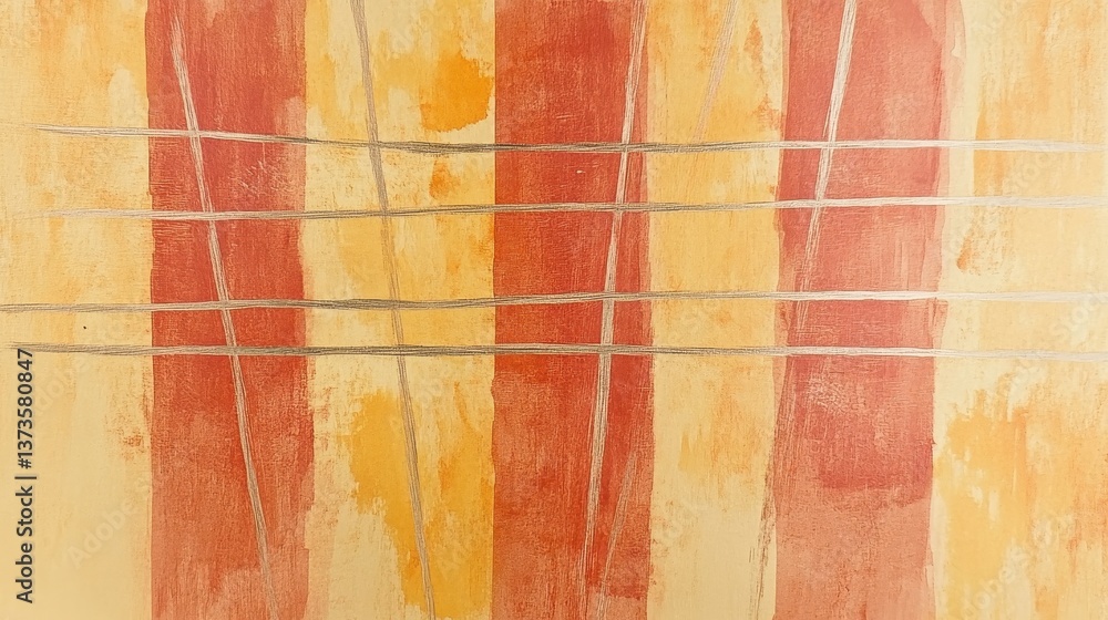 Leinwandbilder Muted ochre and coral pencil strokes form a textured abstract canvas showcasing warm tones and linear patterns