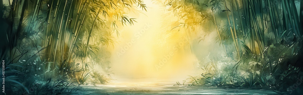 Aufkleber bamboo forest with soft yellow light illuminating the path at dawn in a tranquil natural setting