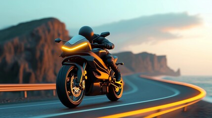 A lone electric motorcycle cruises along a coastal highway, reflecting the freedom and adventure of electric mobility.