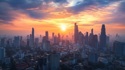 Fototapeta premium Sunset cityscape over urban skyline bangkok aerial photography evening glow panoramic view urban life