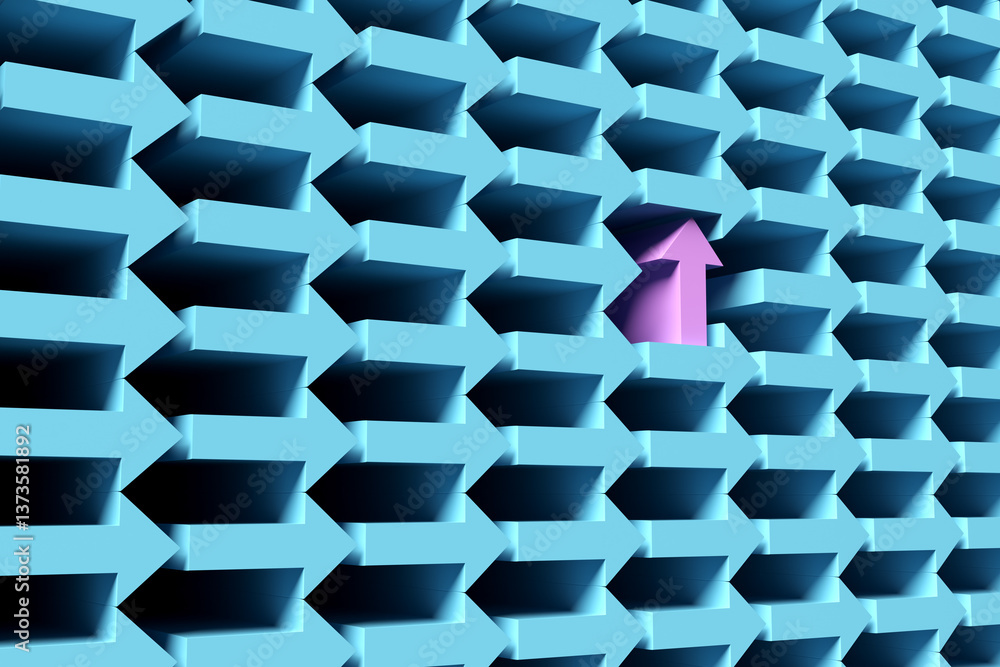 Poster purple arrow pointing up while blue arrows point right representing individuality