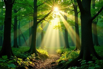 Fototapeta premium Sunbeams filter through leafy canopy, casting dappled light on forest floor, woods, nature