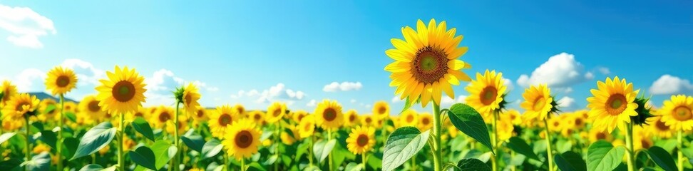 Obraz premium Sunflower field with tall sunflowers and a bright blue sky, agriculture, nature