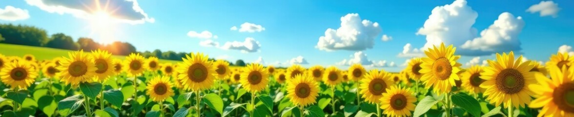 Obraz premium Sunflower field with tall sunflowers and a bright blue sky, landscape, yellow, garden