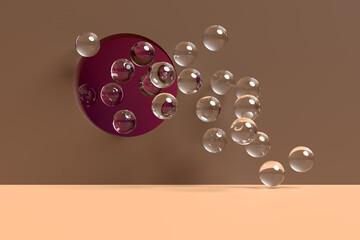 Transparent Spheres Escaping from a Circular Opening: 3D Render