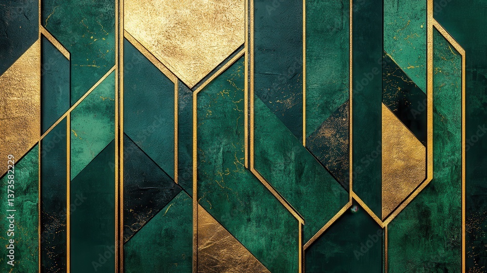 Poster textured geometric design featuring deep forest green and gold accents in an artistic composition
