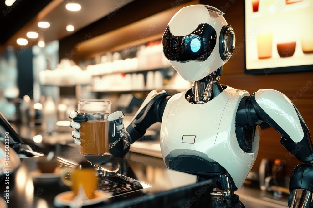 Poster robotic bartender serving beverages in modern cafe setting with sleek design