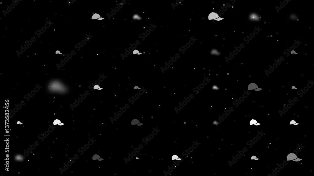 Poster template animation of evenly spaced baseball cap symbols of different sizes and opacity. animation o
