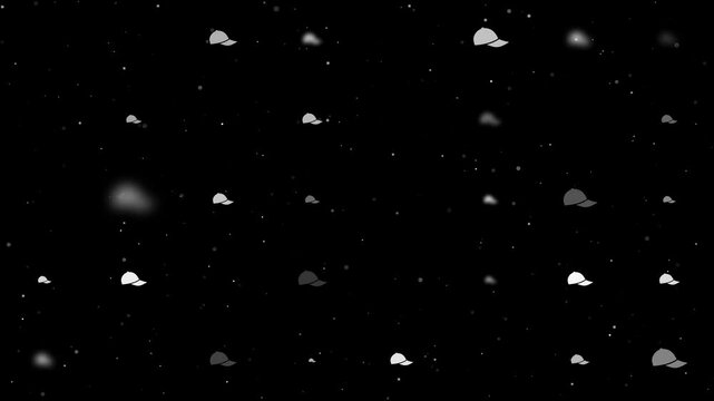Template animation of evenly spaced baseball cap symbols of different sizes and opacity. Animation of transparency and size. Seamless looped 4k animation on black background with stars