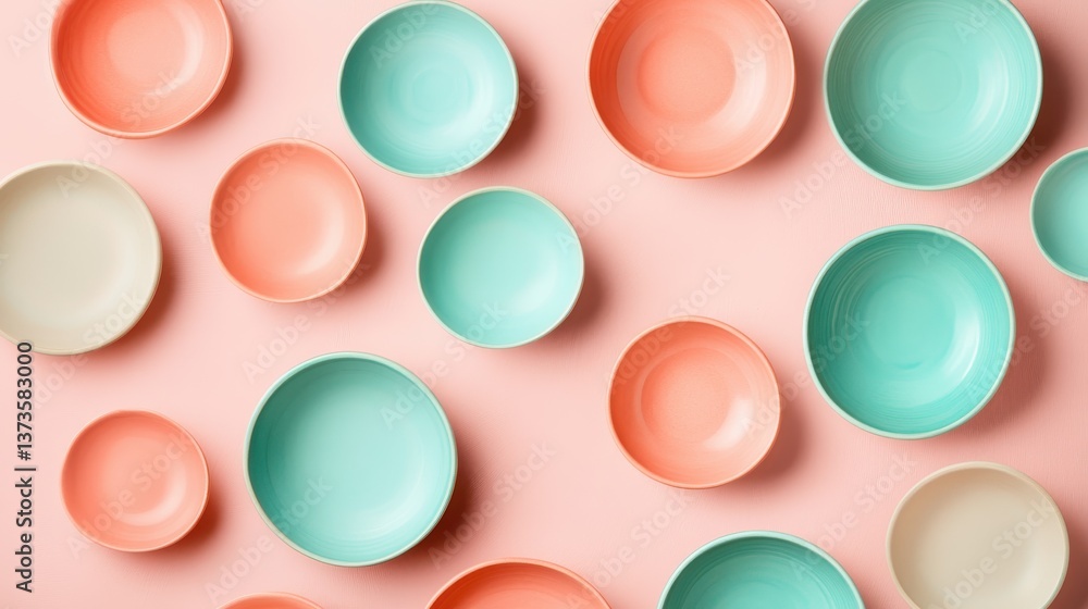 Poster display of soft pastel coral and teal bowls arranged on a delicate pink surface for a calming visual
