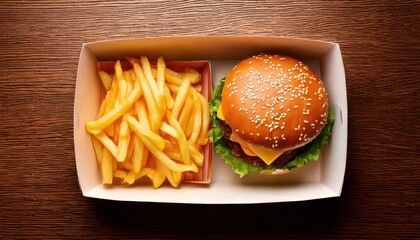 Open Fast Food Box with Juicy Burger and Fries on Wooden Background