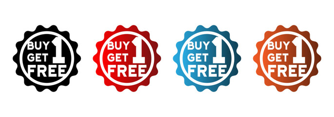 Colorful 'Buy 1 Get 1 Free' Scalloped Promotional Badges in Black, Red, Blue, and Orange