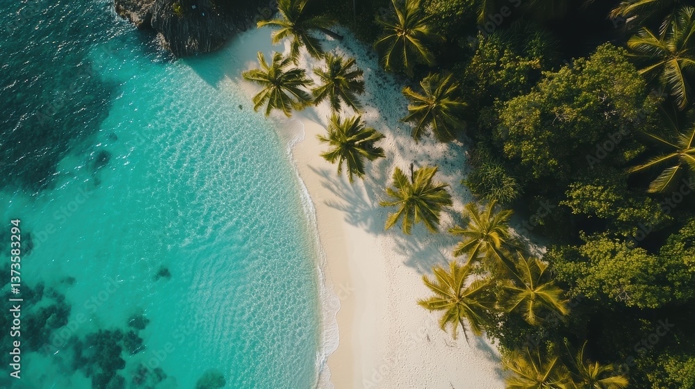 Aufkleber secluded tropical beach with clear waters and swaying palms surrounded by lush greenery during the d