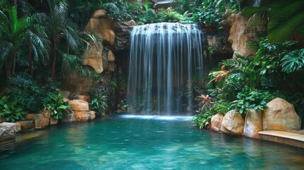 Majestic waterfall cascading into serene pool surrounded by lush tropical foliage