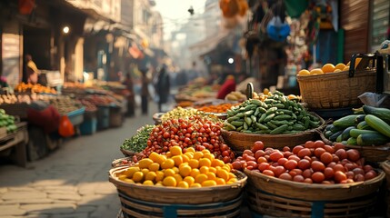 Obraz premium A bustling street market with exotic spices and fresh produce
