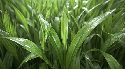 Obraz premium Lush Green Grass Blades Dew Drops Nature Tranquility Background
