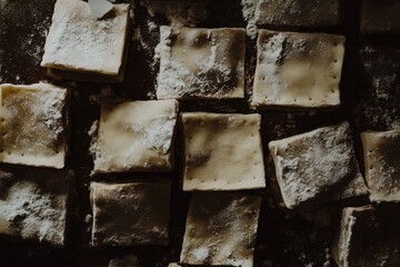Freshly Made Dough Squares Dusting Flour on Dark Surface