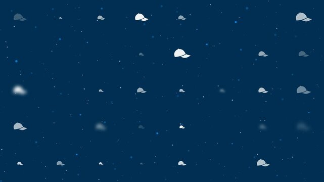 Template animation of evenly spaced baseball cap symbols of different sizes and opacity. Animation of transparency and size. Seamless looped 4k animation on dark blue background with stars