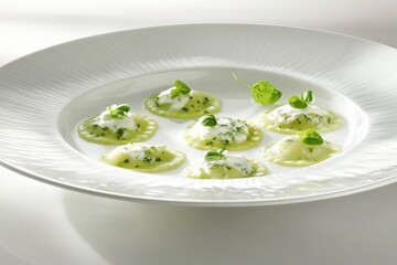 Fresh Ravioli with Creamy Herb Filling on Elegant White Plate