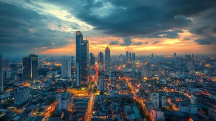 Fototapeta premium Urban evening skyline jakarta cityscape photography vibrant lights aerial view modern life