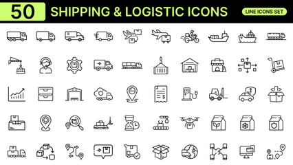 50 Shipping & Logistic Line Icons. Delivery, Freight, Warehouse, and Supply Chain Set. Ideal for logistics, e-commerce, and transportation applications. Fully editable and scalable line icons