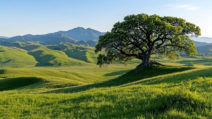Majestic Oak Tree on Rolling Green Hills Landscape Photography