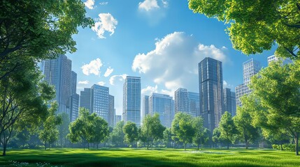 Fototapeta premium modern architecture appartement buildings, 3d, summer, blue sky, green park foreground, city background, nice atmosphere, cinematic, architecture 