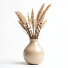 a beige ceramic vase with dried pampas grass