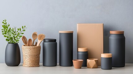 Flat lay of various storage containers cardboard boxes woven wicker baskets and metallic canisters with diverse geometric forms empty vessels elegantly arranged on a light oak table