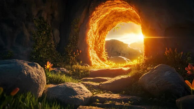 Easter morning the radiant light emanating from the empty tomb with the rolled away stone