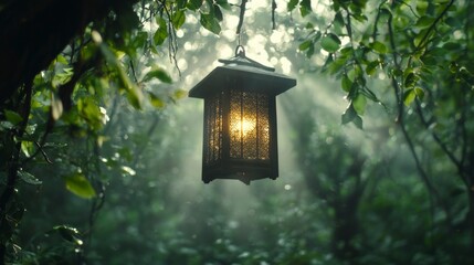 Illuminated Lantern Hanging in Lush Green Forest  Tranquil Nature Scene