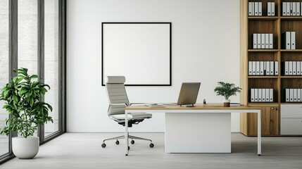 Modern White CEO Office Interior Featuring Inspirational Poster