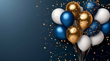 Festive Celebration Background Featuring Blue, Gold and White Balloons with Confetti - Perfect for Christmas with Ample Copy Space