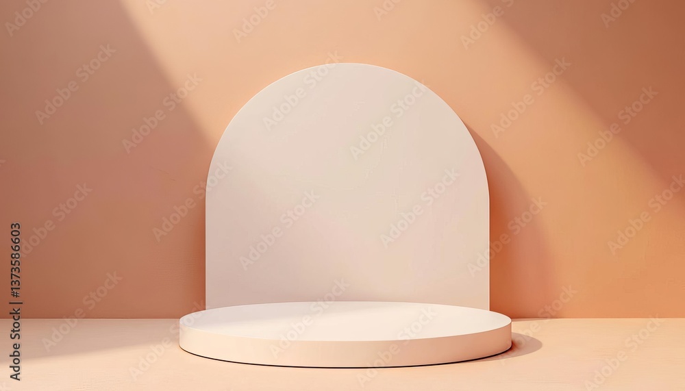 Poster minimalist display platform with soft lighting and warm tones for product showcase.