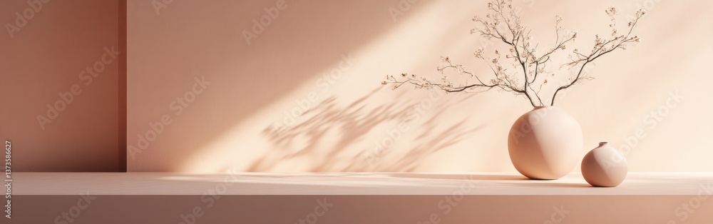 Poster elegant still life with soft peach tones showcasing vases and delicate branches in a serene arrangem