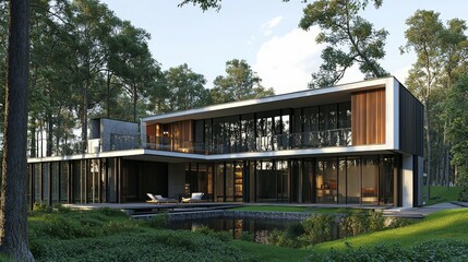 Obraz premium Contemporary Forest Retreat Stunning 3D Render of a Modern House Surrounded by Nature