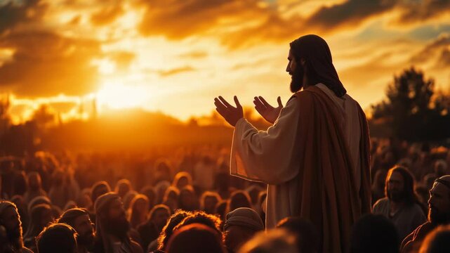 Jesus inspires the crowd with a profound message against the backdrop of a stunning sunset

