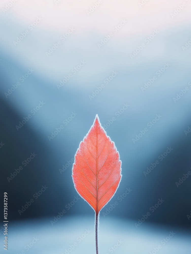 Aufkleber close-up view of a vibrant leaf with frost edges illuminated by soft morning light at sunrise