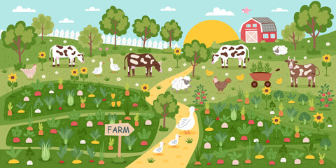 Sustainable and regenerative farming concept background. Gardening nature banner. Landscape of garden, livestock and farmhouse. Vector hand drawn flat illustration.