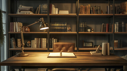 cozy loft workspace with large wooden desk and bookshelves