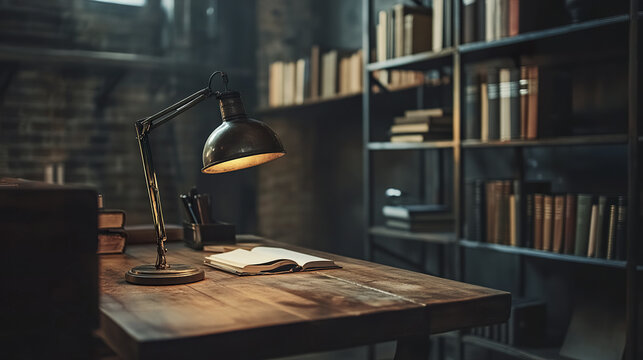 Cozy loft workspace with wooden desk and industrial lamp