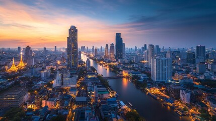 Obraz premium Breathtaking sunset over bangkok's chao phraya river urban landscape photography evening skyline view