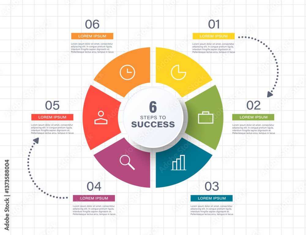 Poster 6 parts pie chart infographic template with icons and text