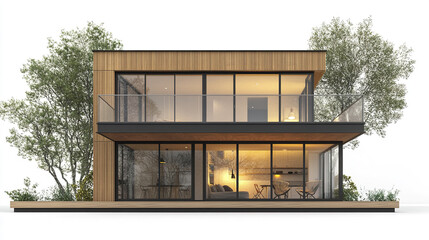 Modern two story house with large windows and trees surrounding it