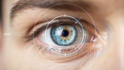A close-up of a human eye with a digital targeting overlay, emphasizing technology and vision.