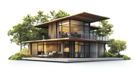 Modern loft style house with large windows and wooden accents